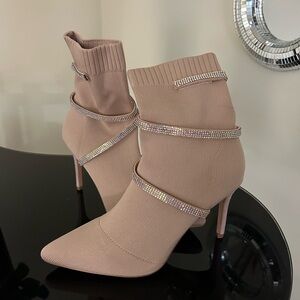 Elegant Beige Ankle Boots with Rhinestone Straps NWOT